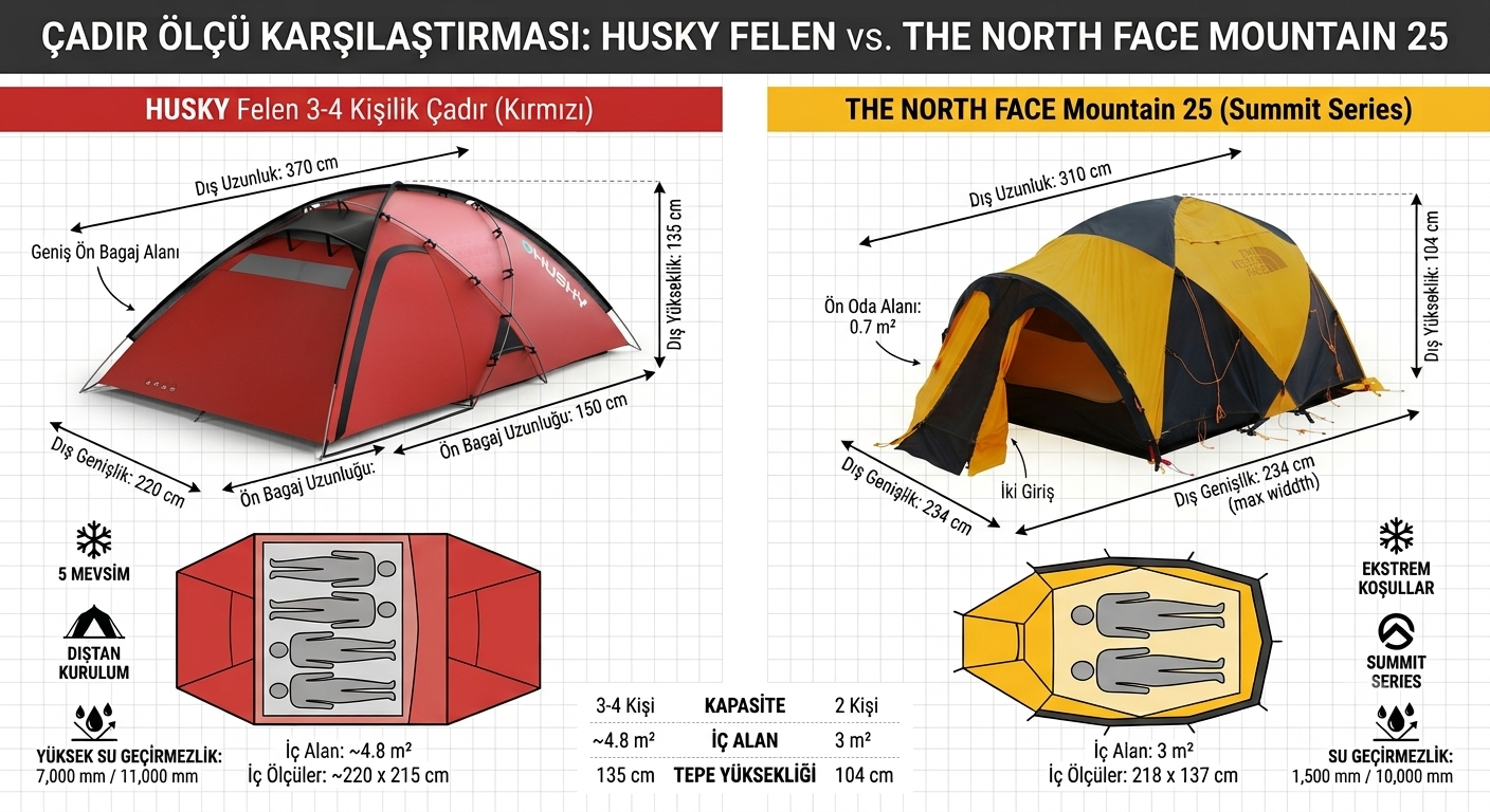 Husky Felen 3-4 vs Northface 25 çadır karşılaştırma